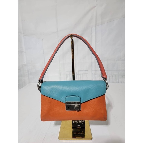 Authentic Prada Saffiano Sound Lock Pochette Shoulder Bag Orange/Blue - Picture 1 of 16